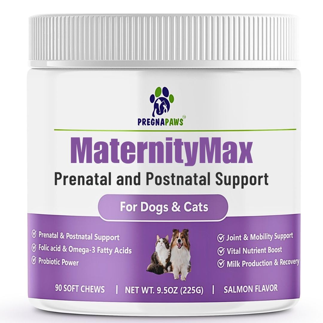 PREGNAPAWS Prenatal Vitamins for Dogs & Cats – Pre & Postnatal Supplement with Probiotics, Glucosamine, MSM, CoQ10, & Essential Vitamins – Supports Pregnancy, Nursing & Recovery – 90 Soft Chews