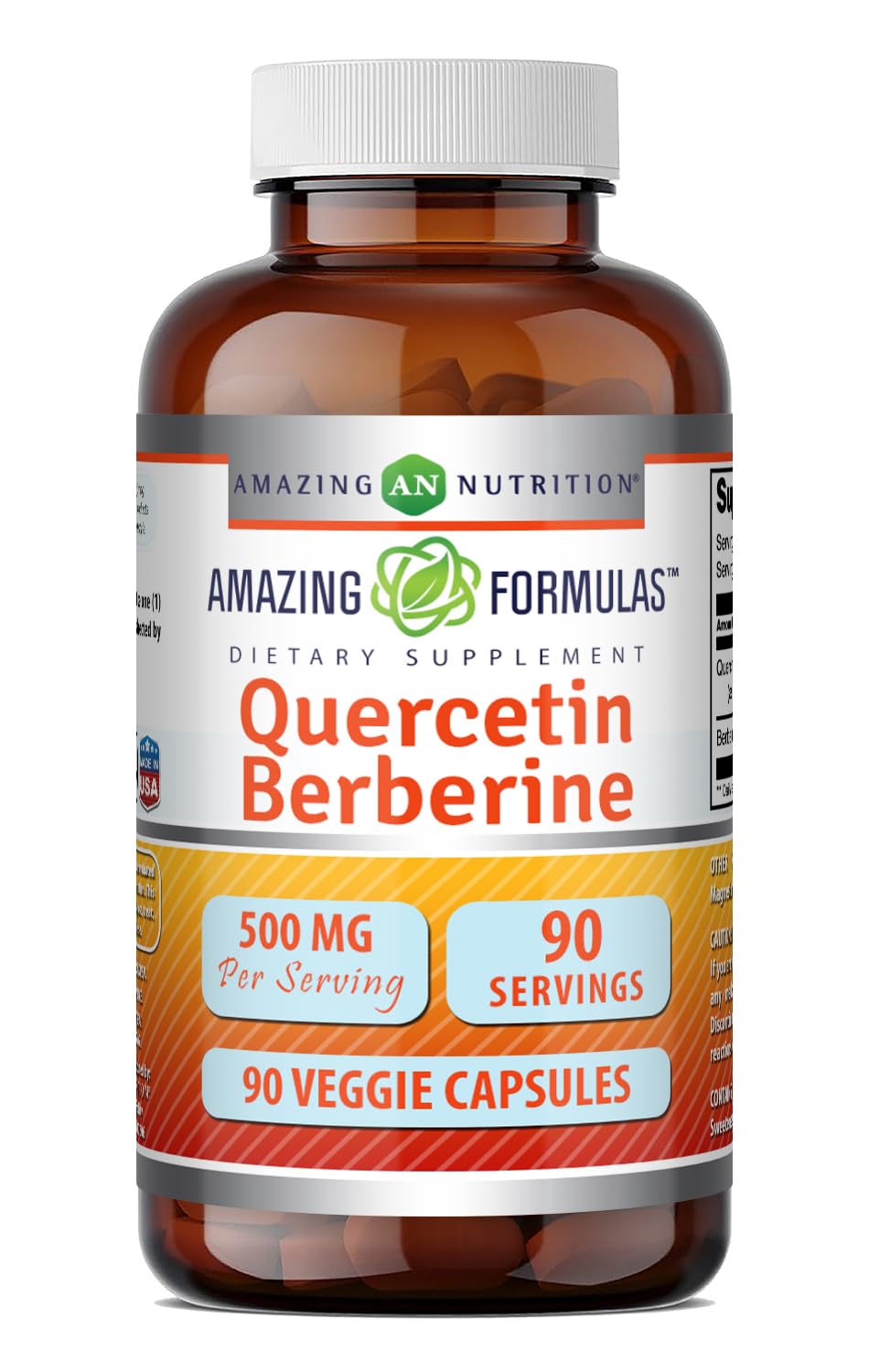Amazing Nutrition Quercetin 250 mg & Berberine 250 mg Veggie Capsules 90 Count