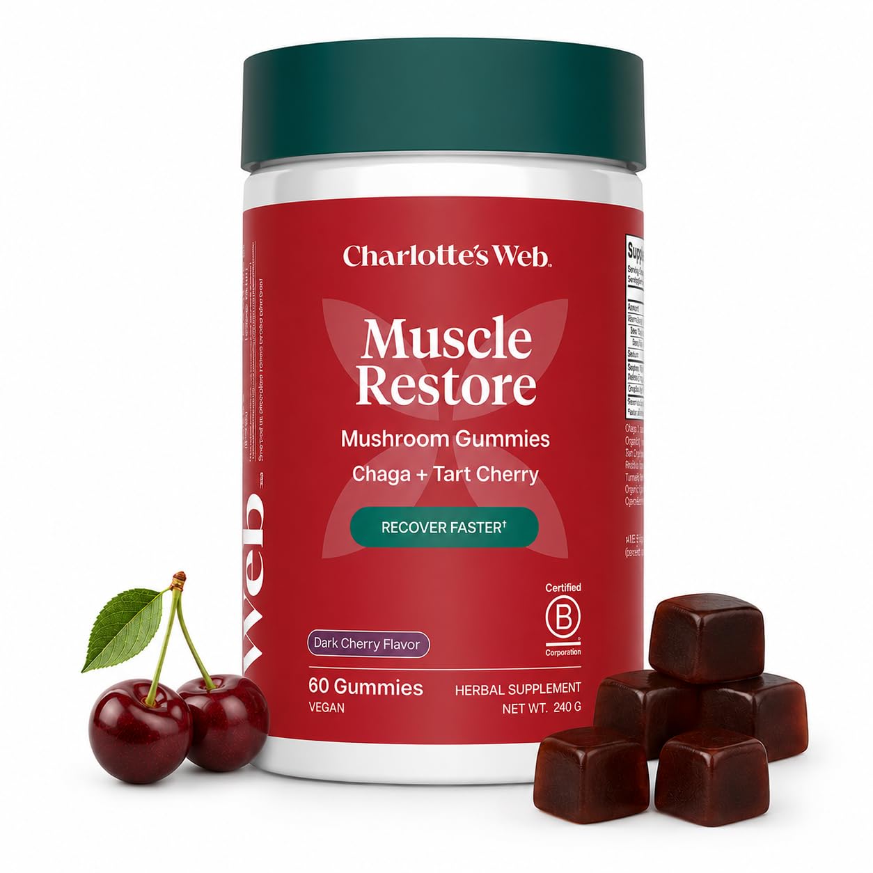 Charlotte's Web Muscle Restore Mushroom Gummies for Adults — Chaga & Tart Cherry Supplement for Muscle Recovery and Fatigue, 60 Count