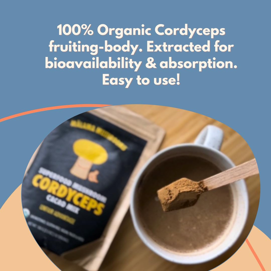 Malama Mushrooms Organic Mushroom Hot Cacao Mix with Cordyceps Mushroom Powder, Powder, 3.5 oz