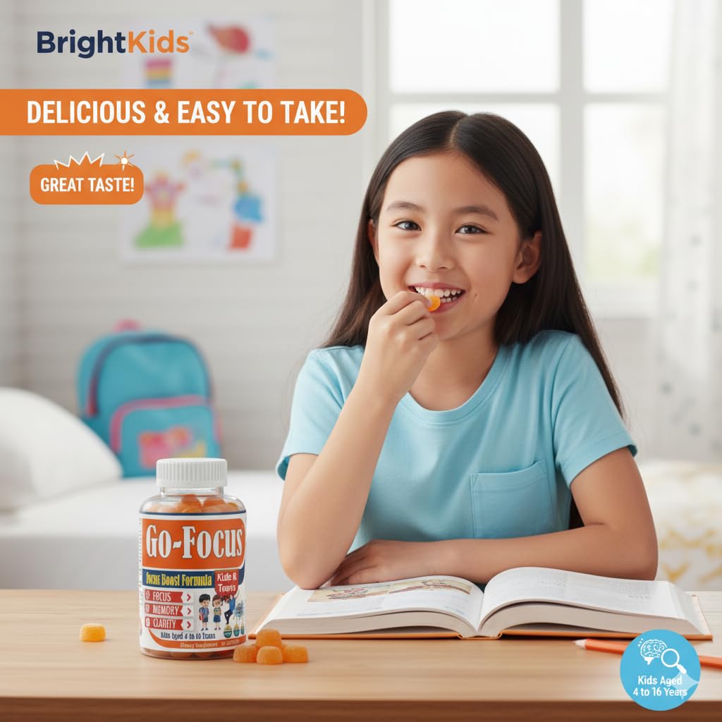 BrightKids Brain Supplements for Memory and Focus for Kids & Teens, Omega-3 & DHA Gummies, 60 Gummies