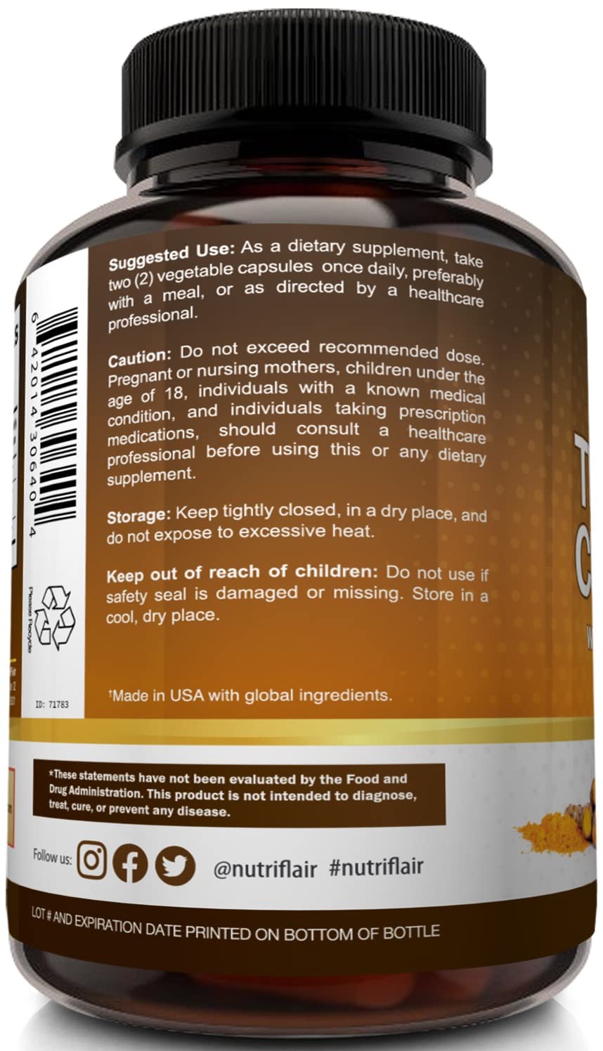 NutriFlair Turmeric Curcumin with BioPerine 1300mg, 180 Capsules
