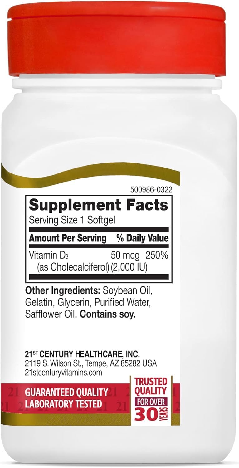 21st Century Vitamin D3 2000 IU Softgels, 250 Count