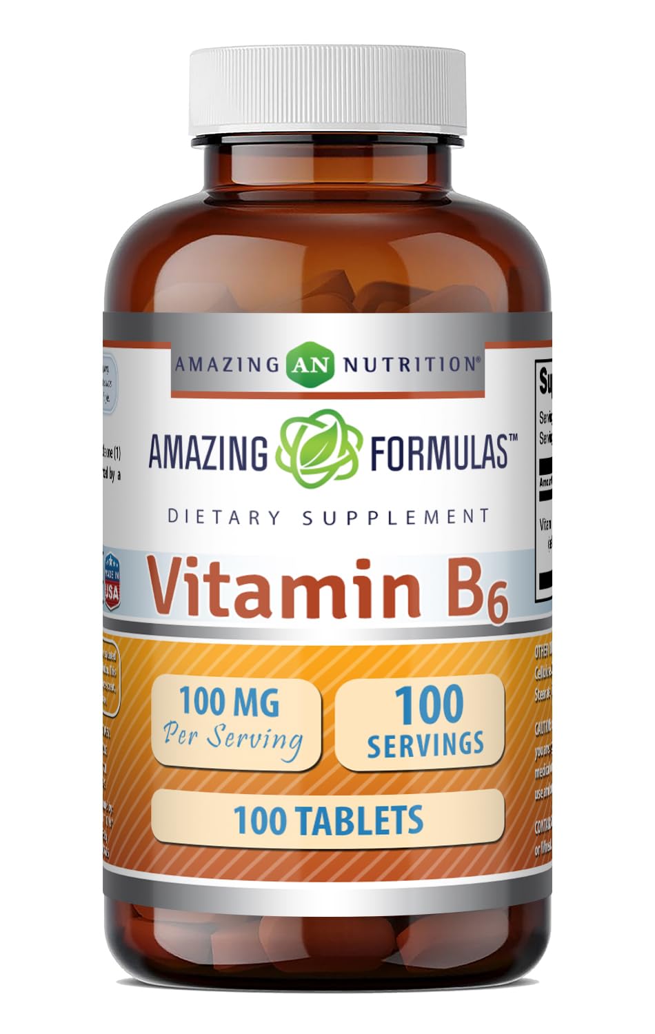 Amazing Nutrition Vitamin B6 (Pyridoxine HCI) Supplement 100 mg, Tablets, 100 Count
