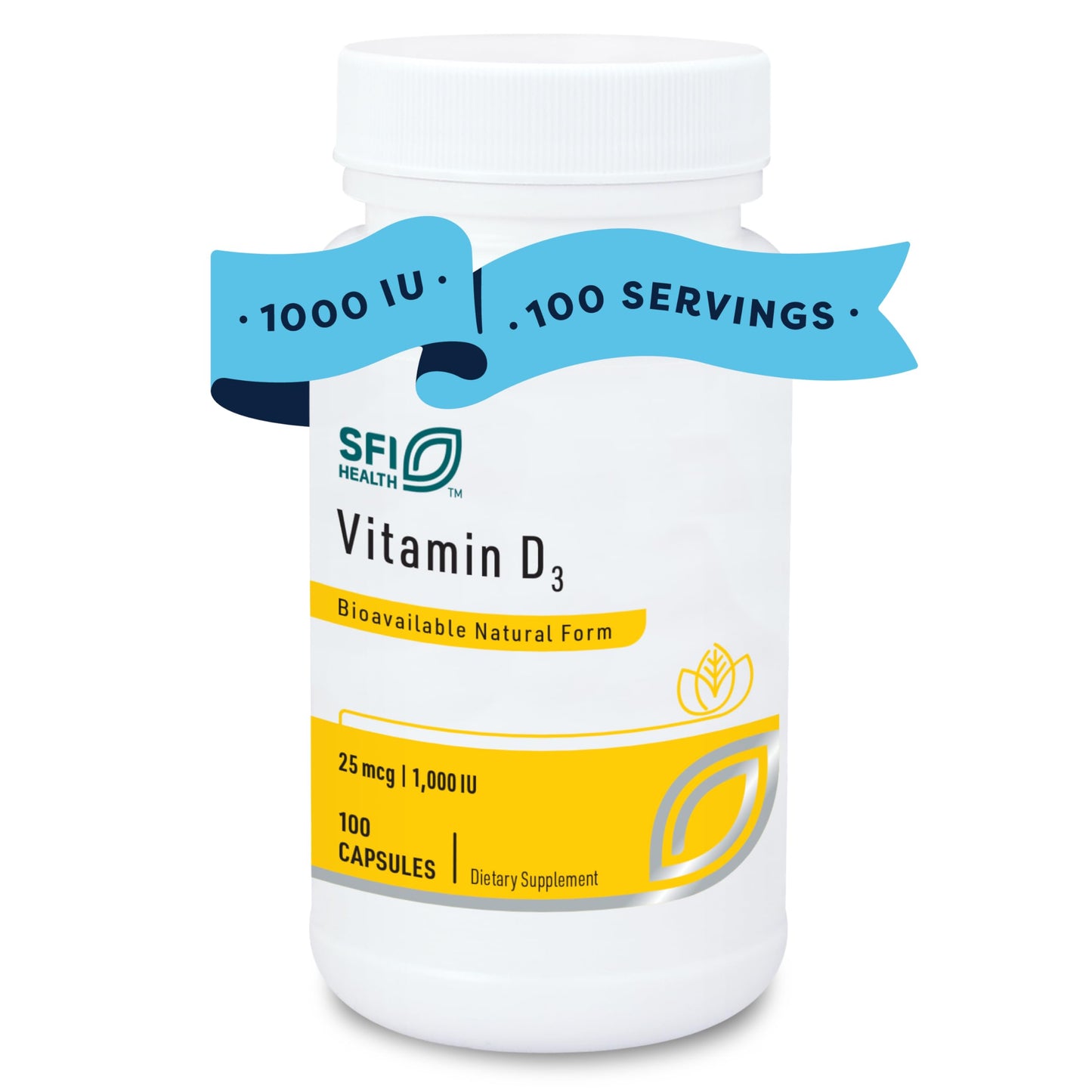 SFI Health Vitamin D3 1000 IU High Potency 25 mcg Hypoallergenic Bone & Immune Support, 100 Capsules