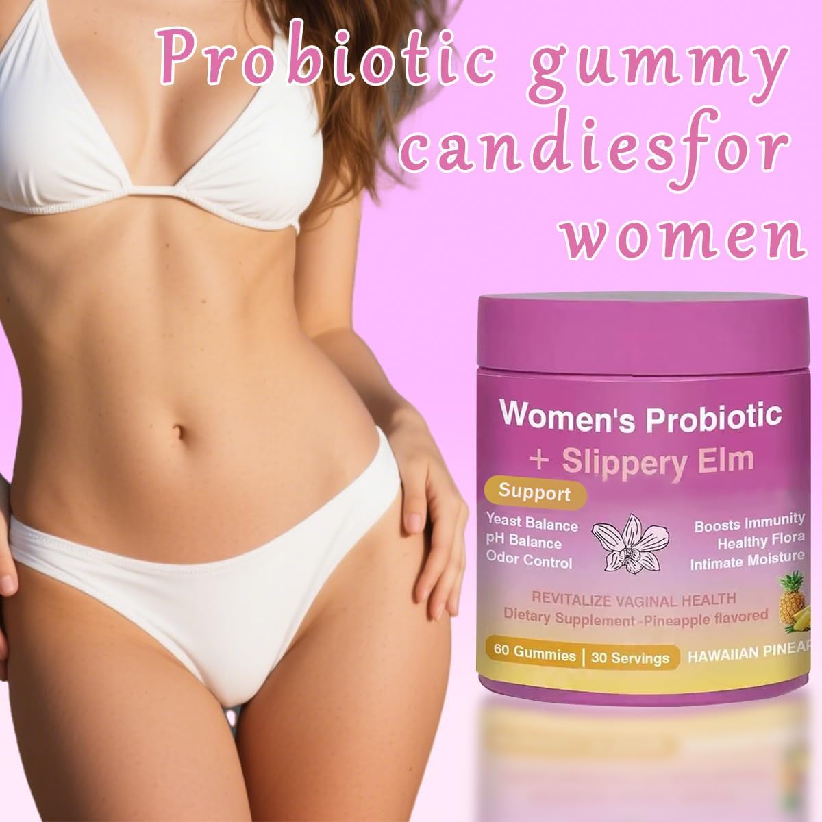 FW ZONE Juicy Feminine Probiotic Gummies for Women - Pineapple Flavor, Slippery Elm, Vegan, Digestive & Immune Support, 6.4 Ounce