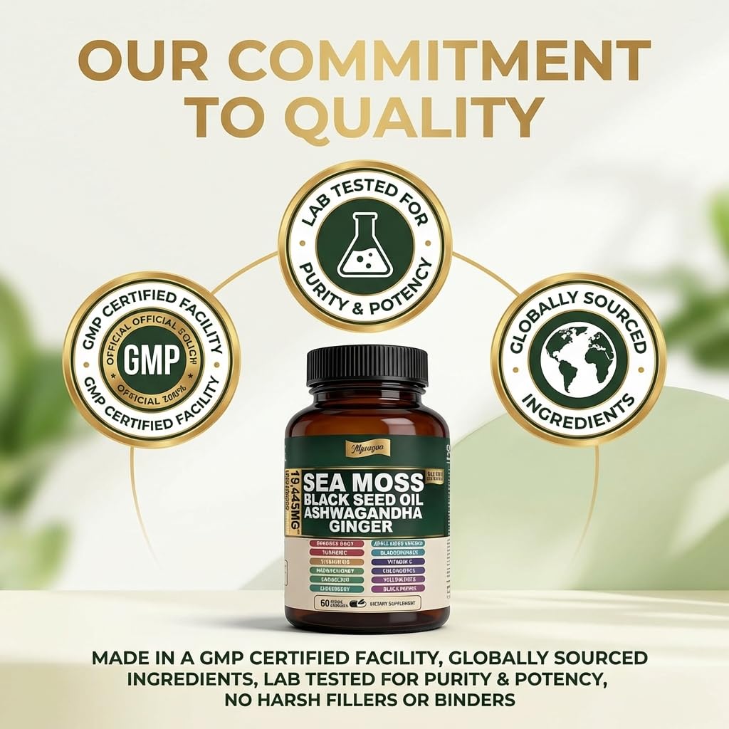 MPRAYAN Sea Moss Black Seed Oil Ashwagandha 10:1 Extract Blend Capsules, 60 Count