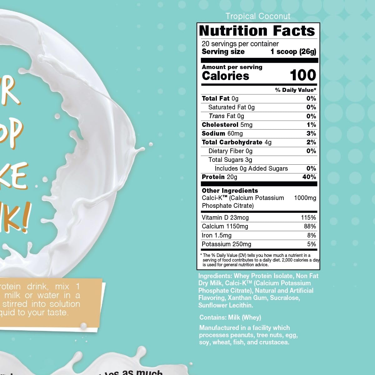 Bariatric Eating Inspire Tropical Coconut 20g Whey Protein Isolate Powder with Calcium, 18.4 oz