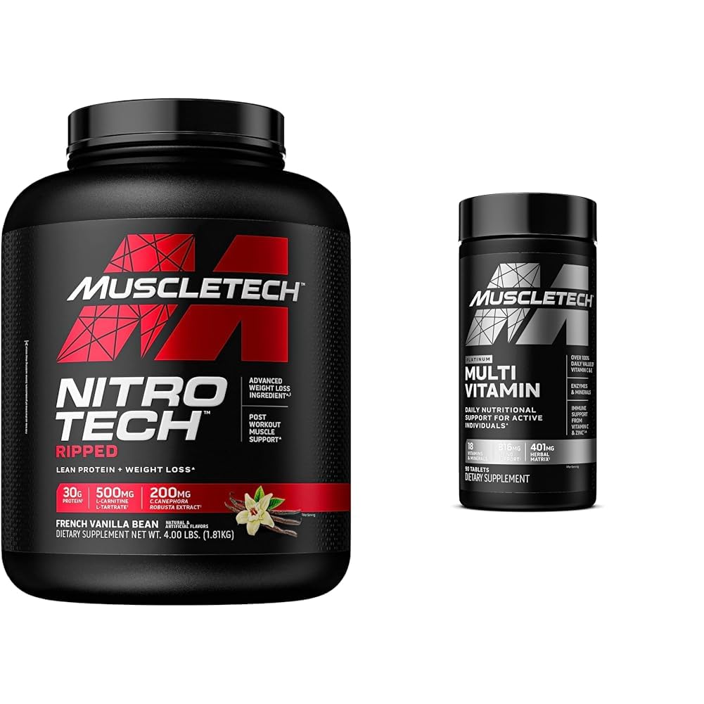 MuscleTech Nitro-Tech Ripped Lean Whey Protein Powder Isolate & Platinum Multivitamin 90 Count