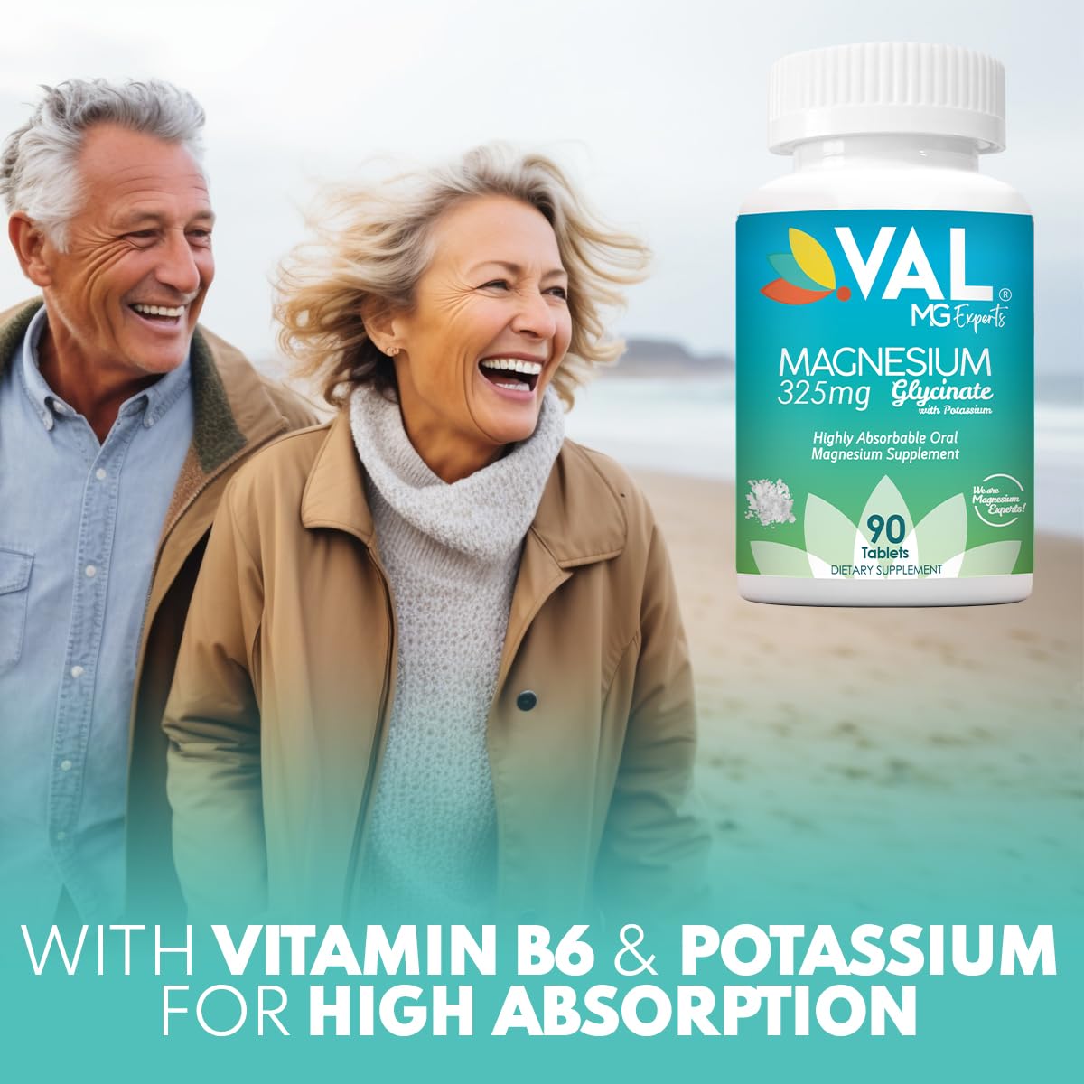 VAL Magnesium Glycinate 325mg with B6 & Potassium Tablet, 90 Tablets