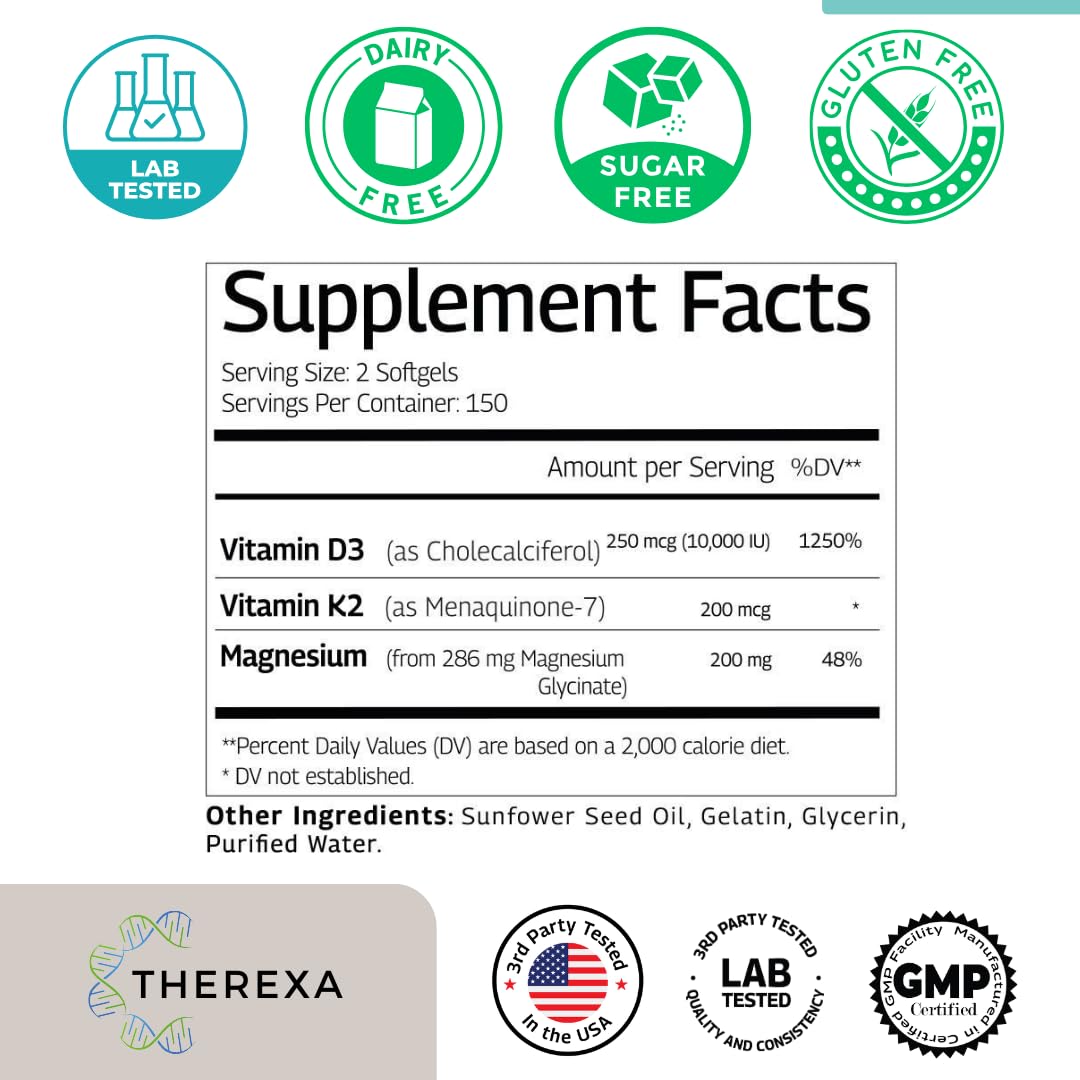 THEREXA Vitamin D3 K2 10000 IU Magnesium Glycinate Softgels 300