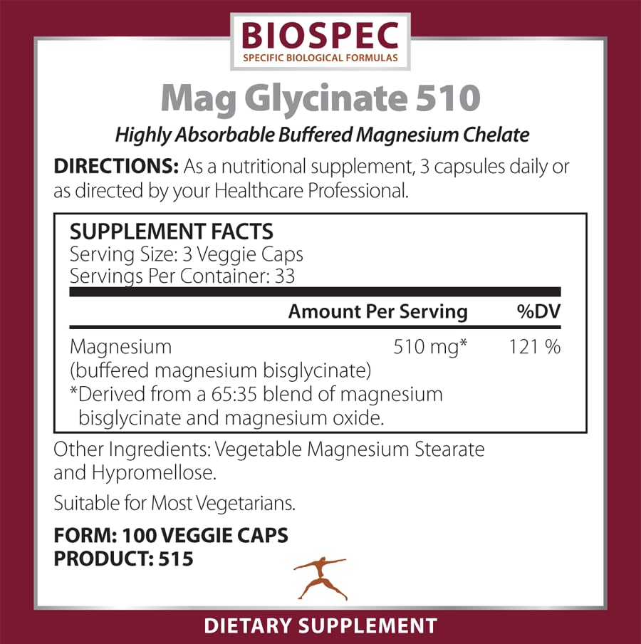 Biospec Nutritionals Mag Glycinate 510 Magnesium Glycinate, Capsules, 100 Capsules