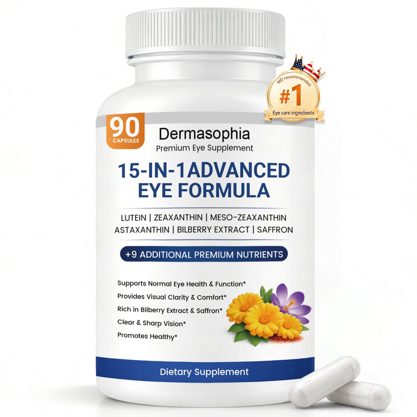 Dermasophia Neurobella Eye Formula, 15-in-1 Advanced Eye Formula with Lutein, Zeaxanthin, Bilberry, and Saffron Carotenoid Complex for Eye Health, 90 Capsules