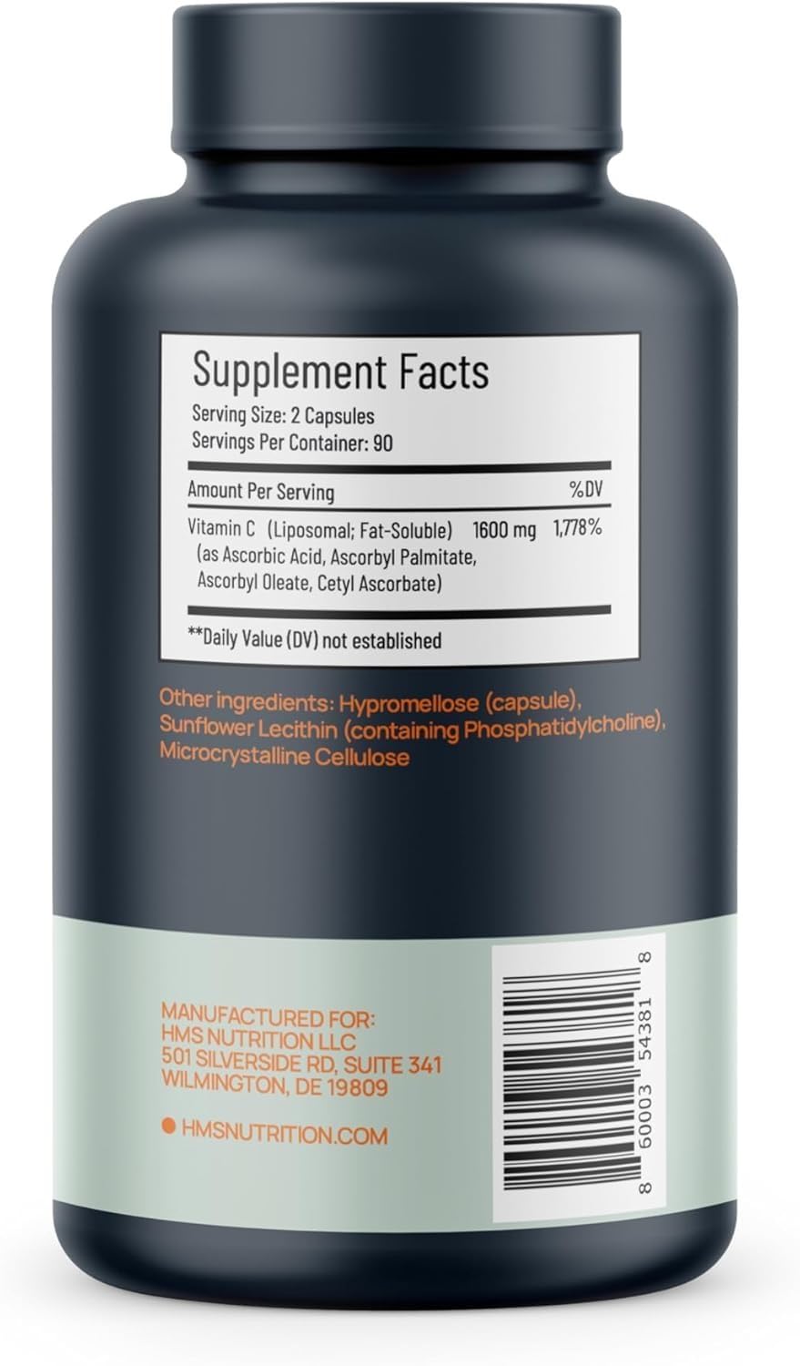 HMS Nutrition Liposomal Vitamin C 1600 mg Capsules, 180 Capsules