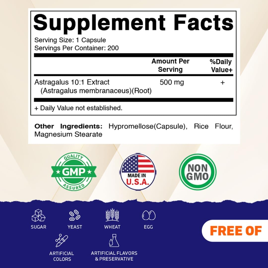 Vitamatic Astragalus 10:1 Plant-Based Botanical Extract Capsules, 200 Count