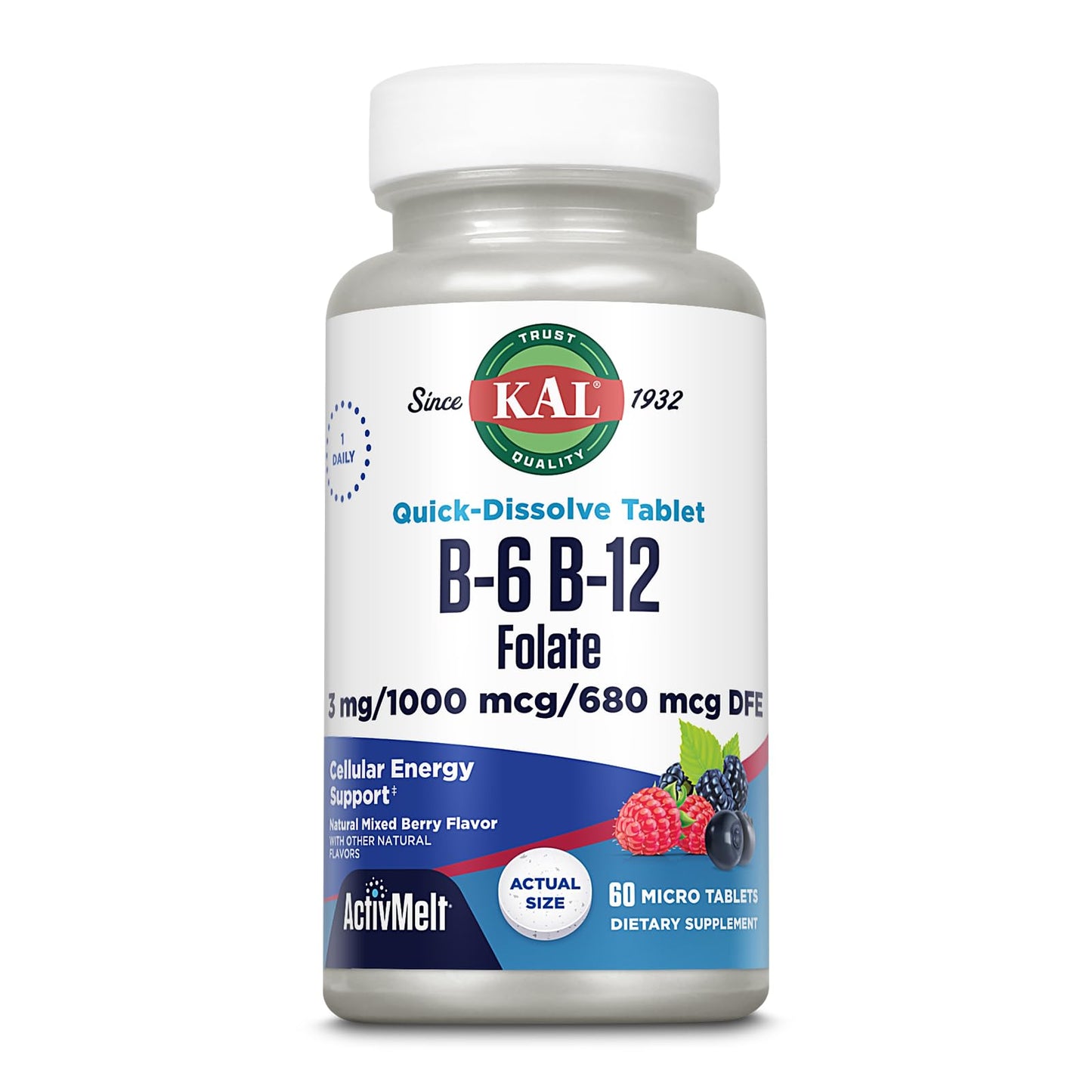 KAL Vitamin B-6, B-12 & Folic Acid Supplement with Vitamin B12 Methylcobalamin & Folate, Heart Health, Energy & Red Blood Cell Support, 60 Tablets