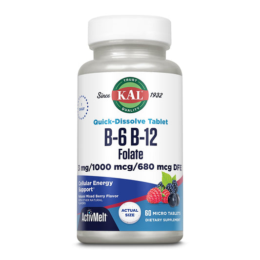 KAL Vitamin B-6, B-12 & Folic Acid Supplement with Vitamin B12 Methylcobalamin & Folate, Heart Health, Energy & Red Blood Cell Support, 60 Tablets