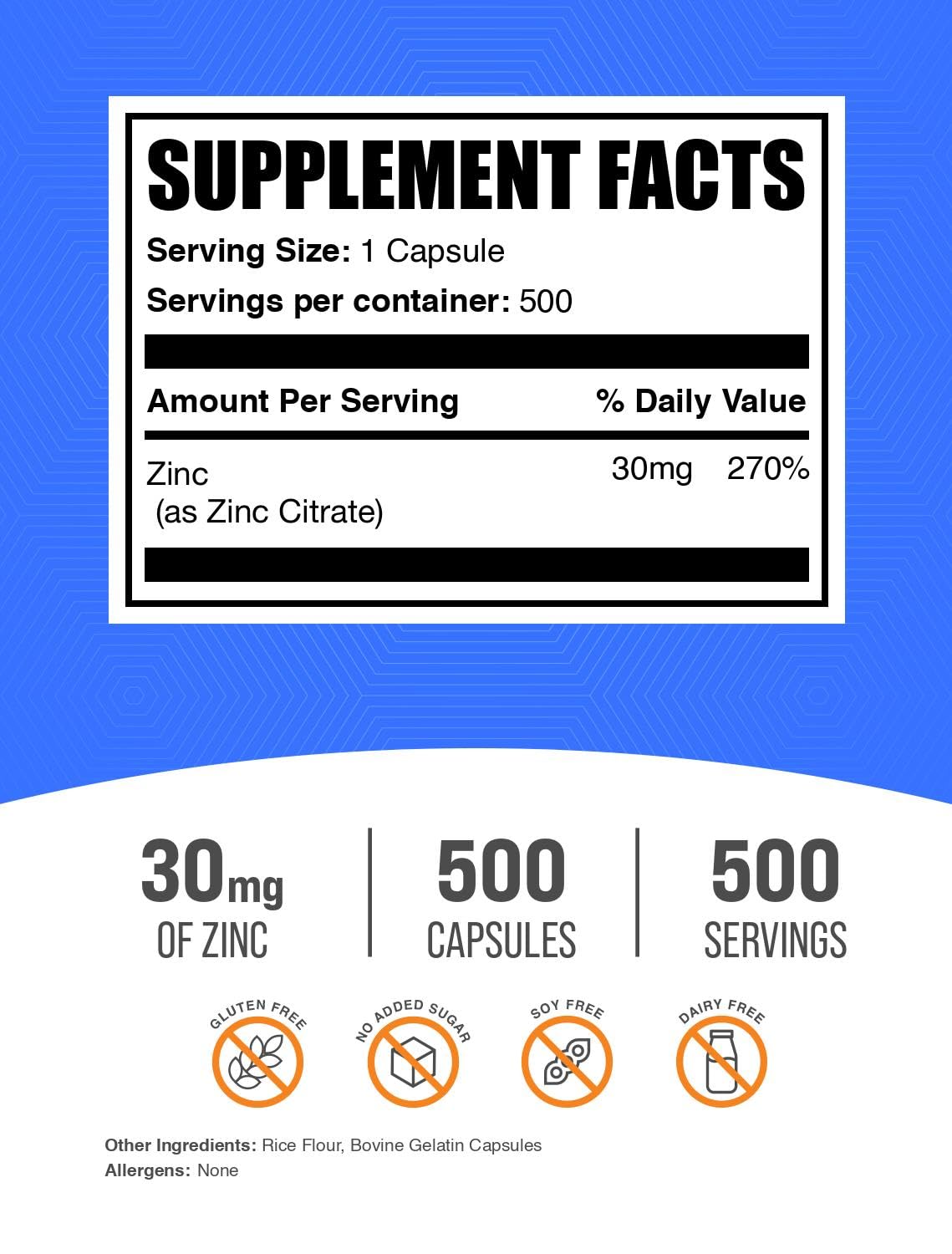BulkSupplements Zinc Citrate Capsules 500 Count