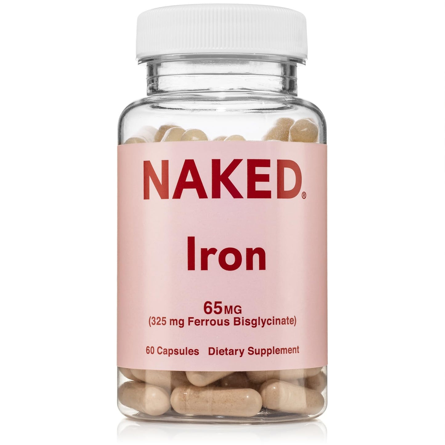 NAKED Iron 65mg, 325mg Ferrous Bisglycinate High Potency Iron Supplement, 60 Capsules
