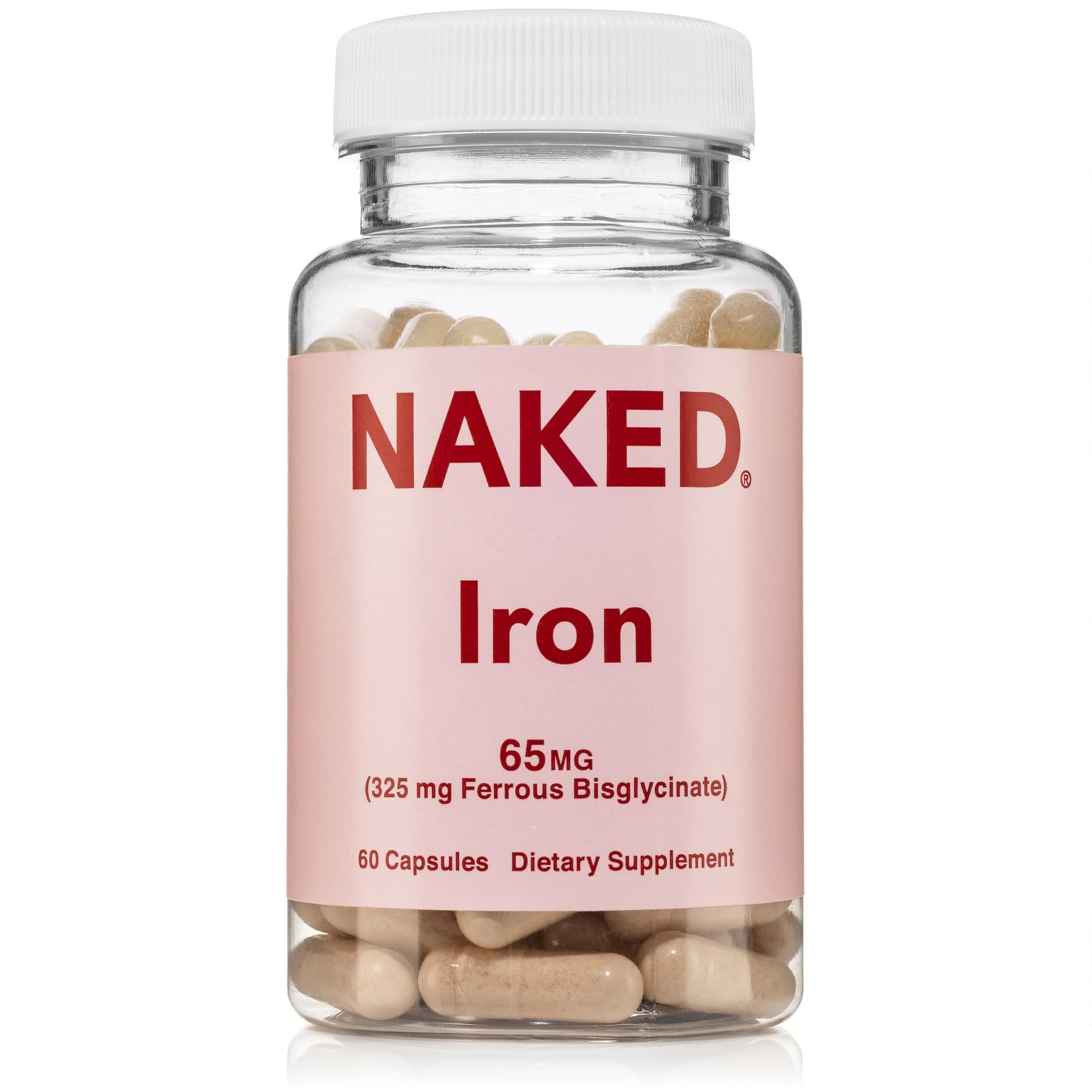 NAKED Iron 65mg, 325mg Ferrous Bisglycinate High Potency Iron Supplement, 60 Capsules