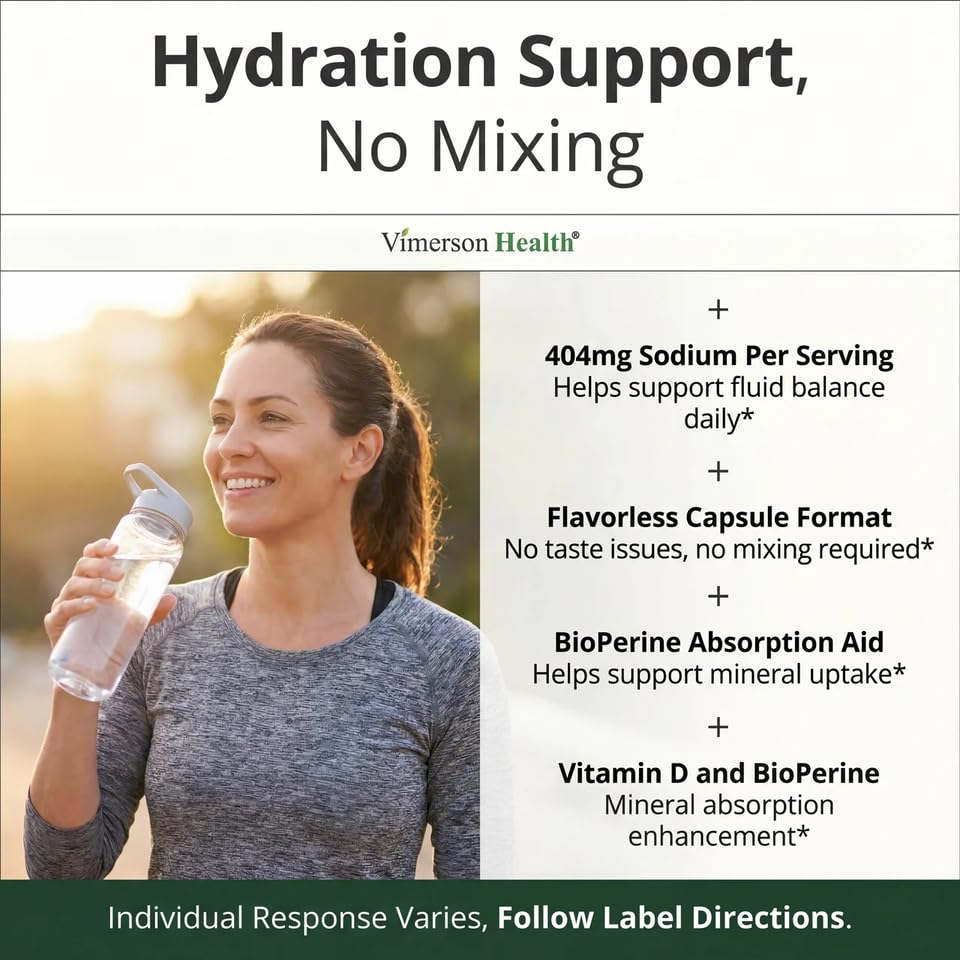 Vimerson Health Electrolyte Capsules with Sodium Potassium Magnesium Calcium – Hydration Support with Vitamin D & BioPerine for Absorption – Flavorless – 100 Vegetable Capsules