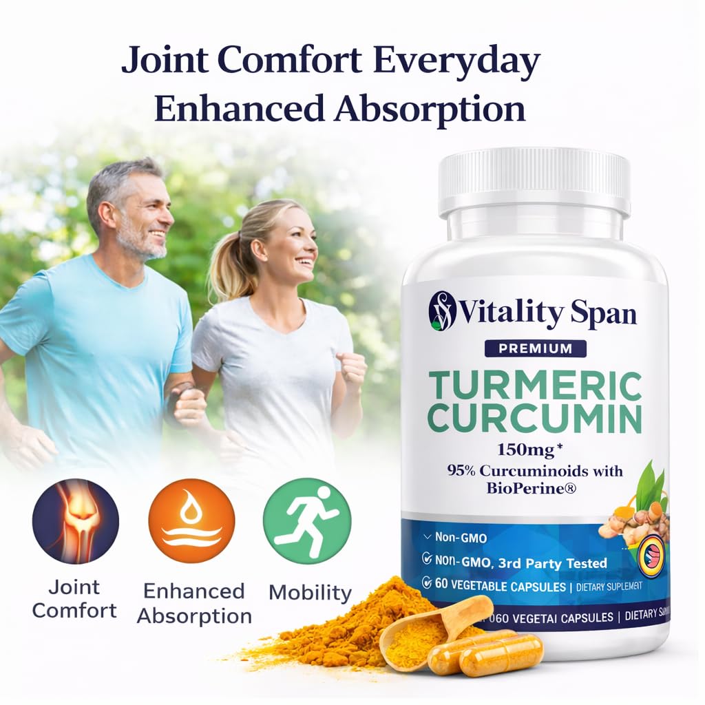Vitality Span Turmeric Curcumin Supplement 1500mg with 95% Curcuminoids and BioPerine, 60 Veg Capsules