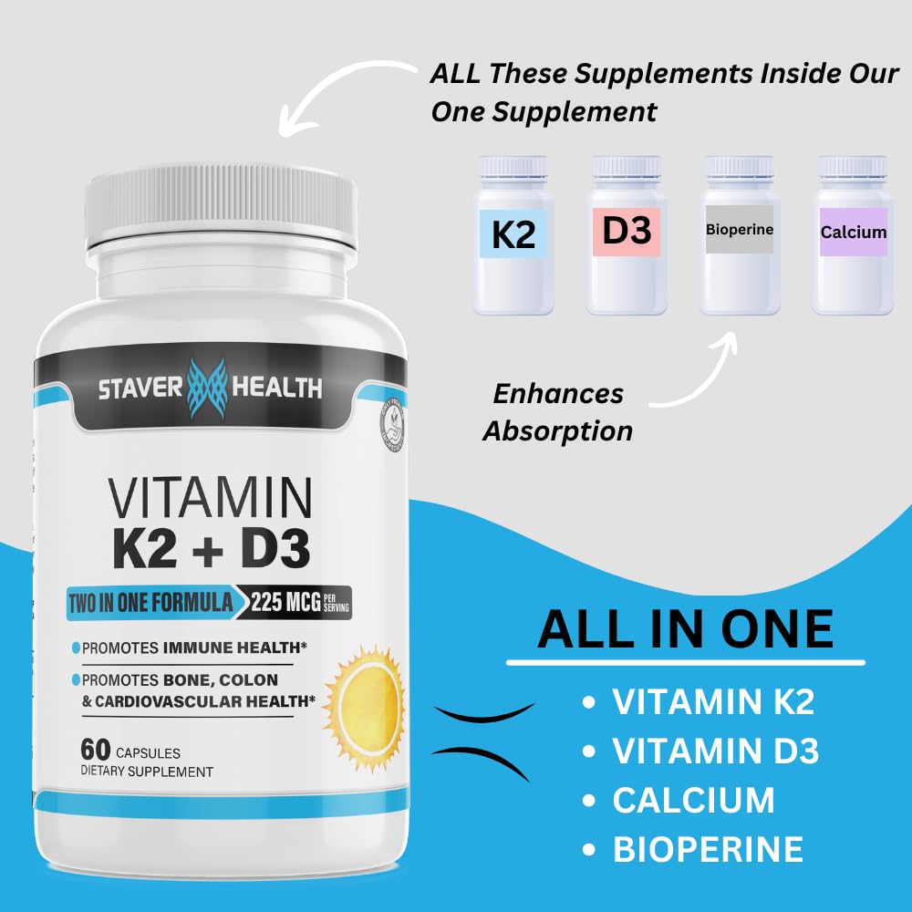 Staver Health Vitamin K2 D3 with Calcium & Bioperine MK-7 Capsule, 60 Count