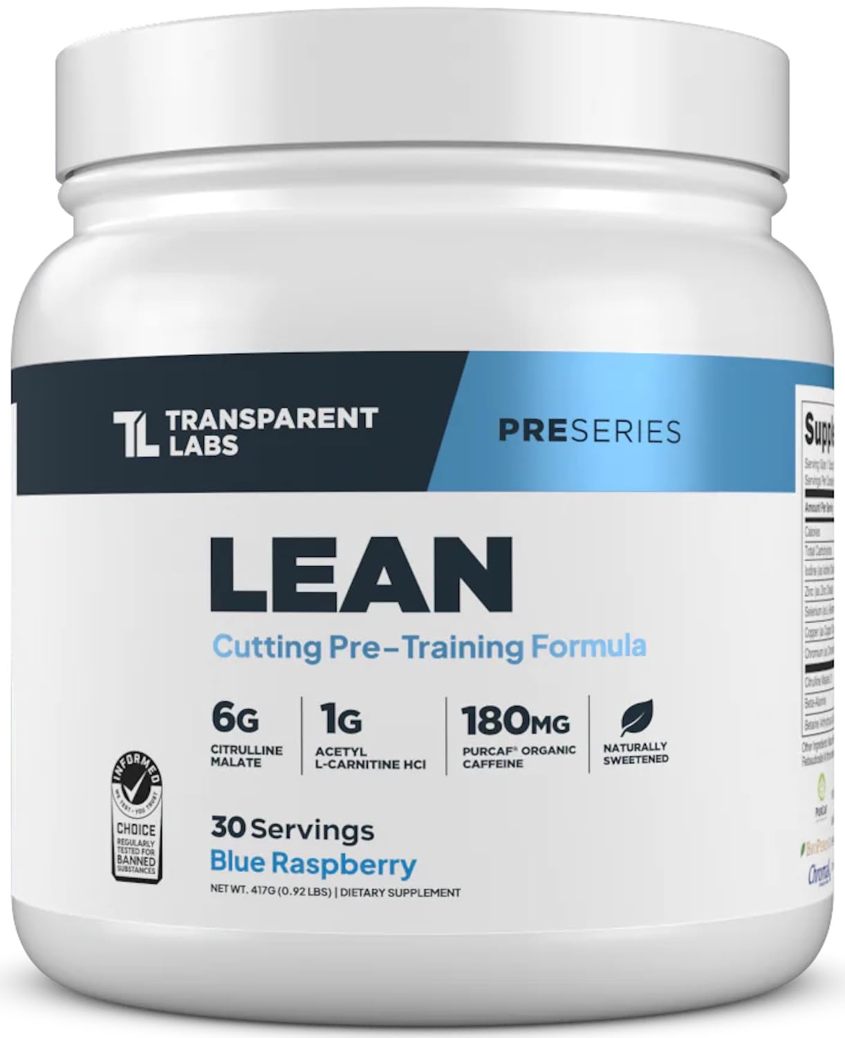 Transparent Labs Lean Pre-Workout Powder - Body Recomposition Pre Workout for Men and Women, 14.7 oz, 30 Servings