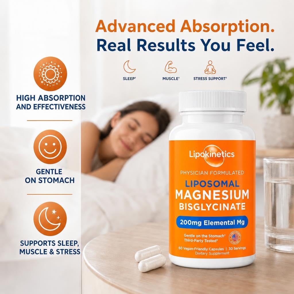 LIPOKINETICS Liposomal Magnesium Bisglycinate 200mg Elemental Mg, High Absorption Magnesium Glycinate, Sleep, Muscle and Stress Support, 60 Vegan Capsules