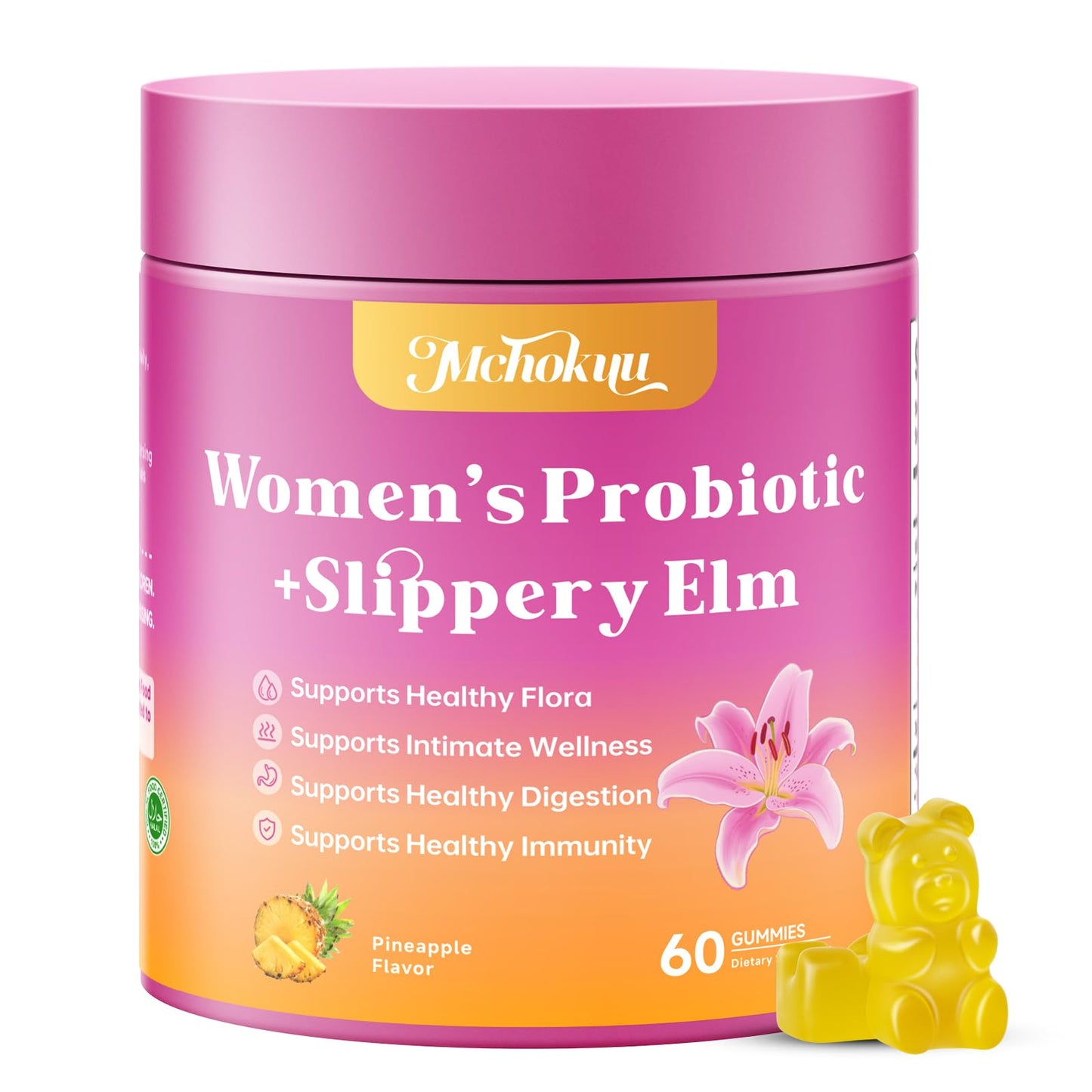 Mchokuu Feminine Probiotics Gummies for Women, pH Balance, Pineapple, 60 Count