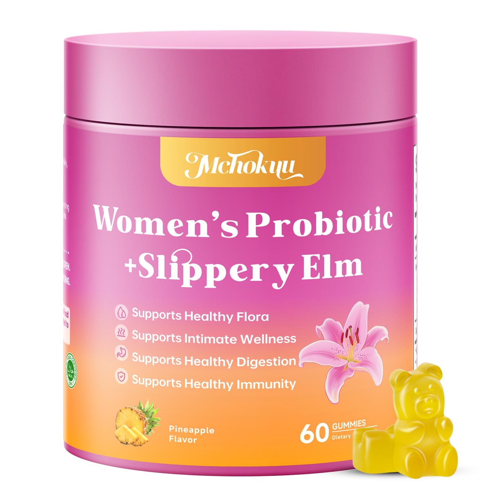 Mchokuu Feminine Probiotics Gummies for Women, pH Balance, Pineapple, 60 Count