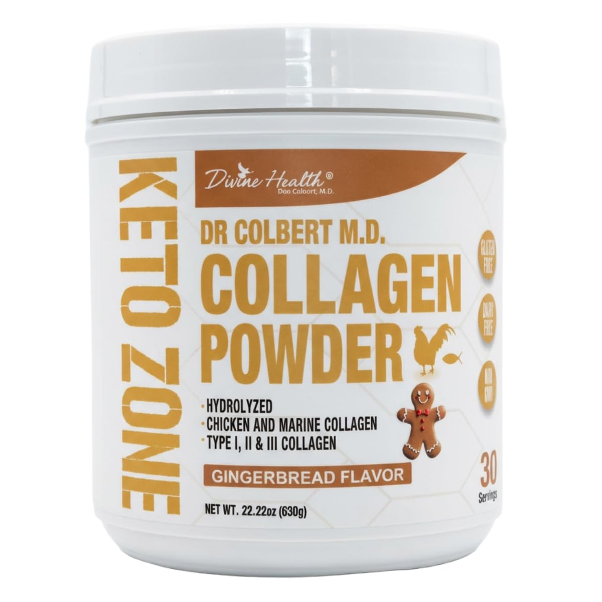 Divine Health Dr. Colbert, MD Hydrolyzed Collagen Powder, Gingerbread Flavor, Type I, II, III Chicken & Marine, Hair, Skin & Nails, 30 Servings