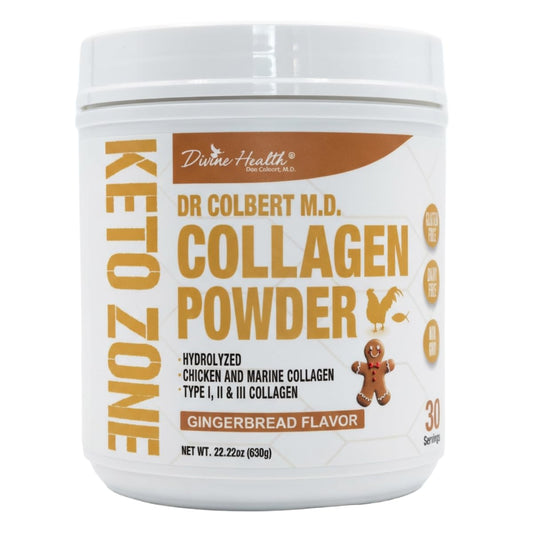 Divine Health Dr. Colbert, MD Hydrolyzed Collagen Powder, Gingerbread Flavor, Type I, II, III Chicken & Marine, Hair, Skin & Nails, 30 Servings