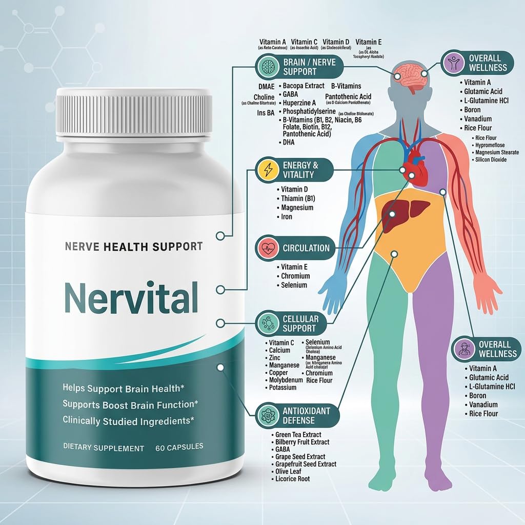 Fitness InspireWays Nervital for Nerve Health Support - Nervital Brain Health Dietary Supplement - Nervital Support Boost Brain Function 60 Capsules