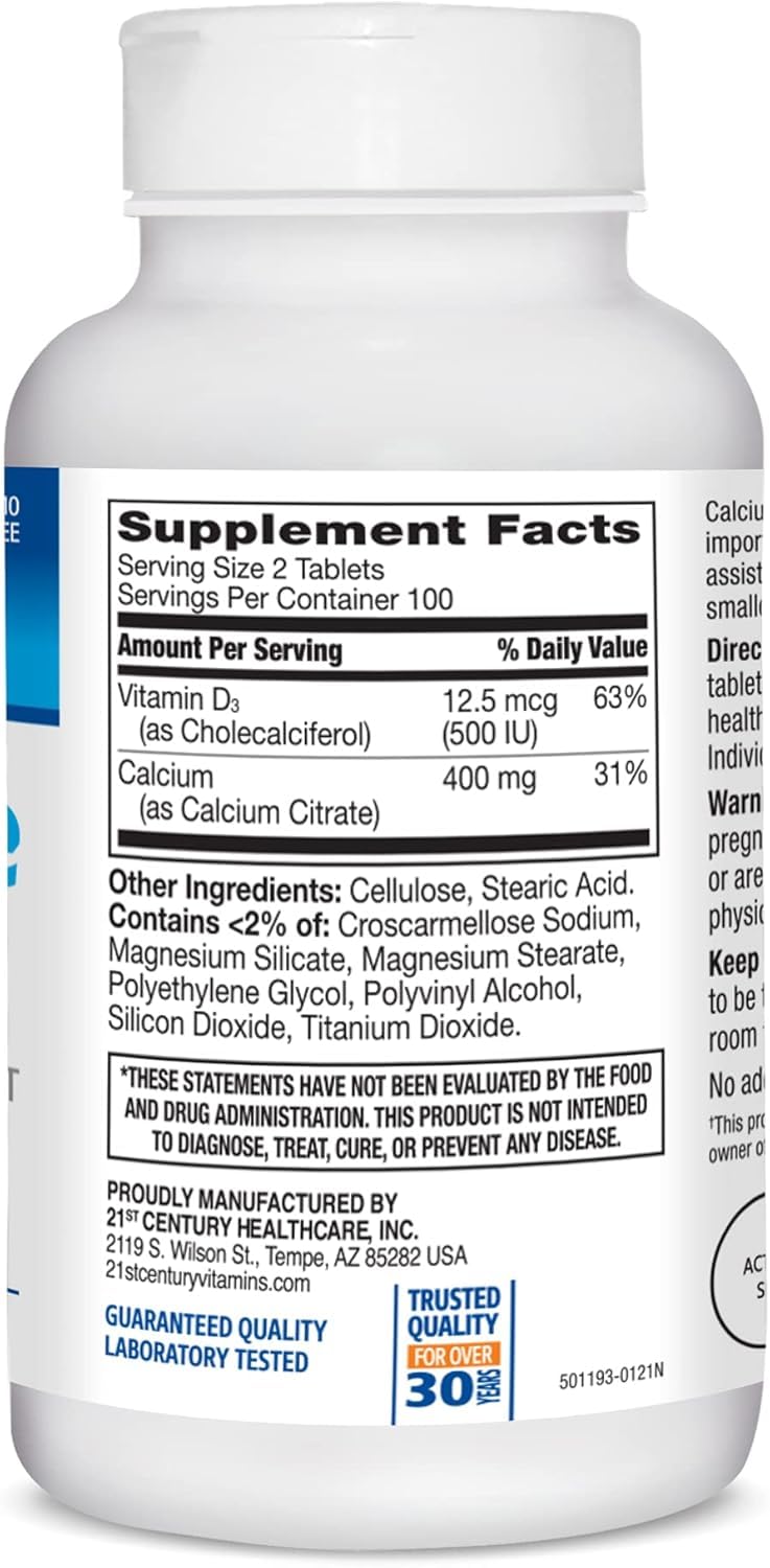 21st Century Calcium Citrate Petites + D3 Caplets, 600 Count