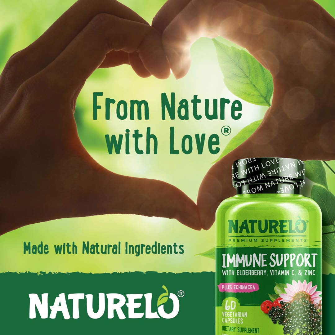 NATURELO Immune Support – Vitamin C, Elderberry, Zinc, Echinacea – Natural Immunity Boost w/Antioxidant, Herbal & Mineral Defense, 120 Capsules