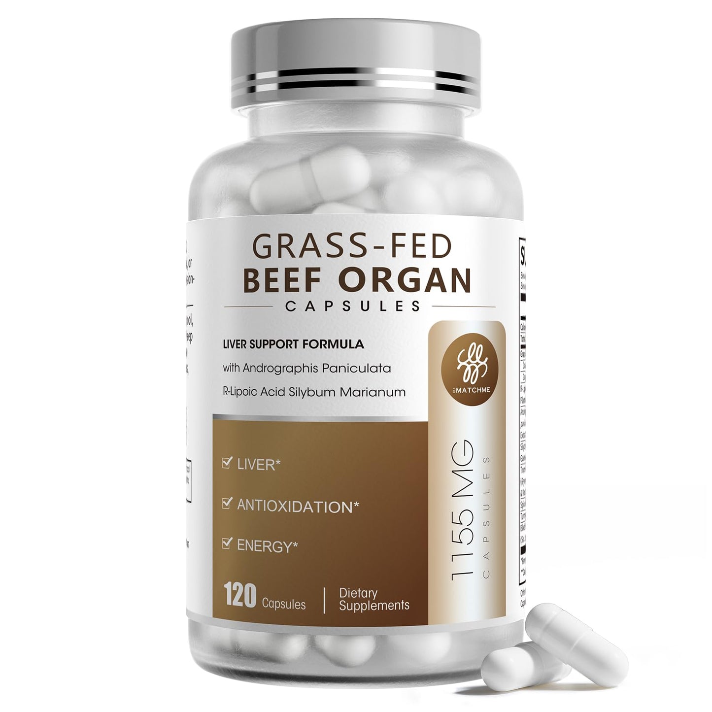 iMATCHME Grass Fed Beef Organ Supplement with Beef Liver & Adrenals, R-Lipoic Acid for Liver Detox, Antioxidant, Energy & Overall Health, Capsules, 120 Count