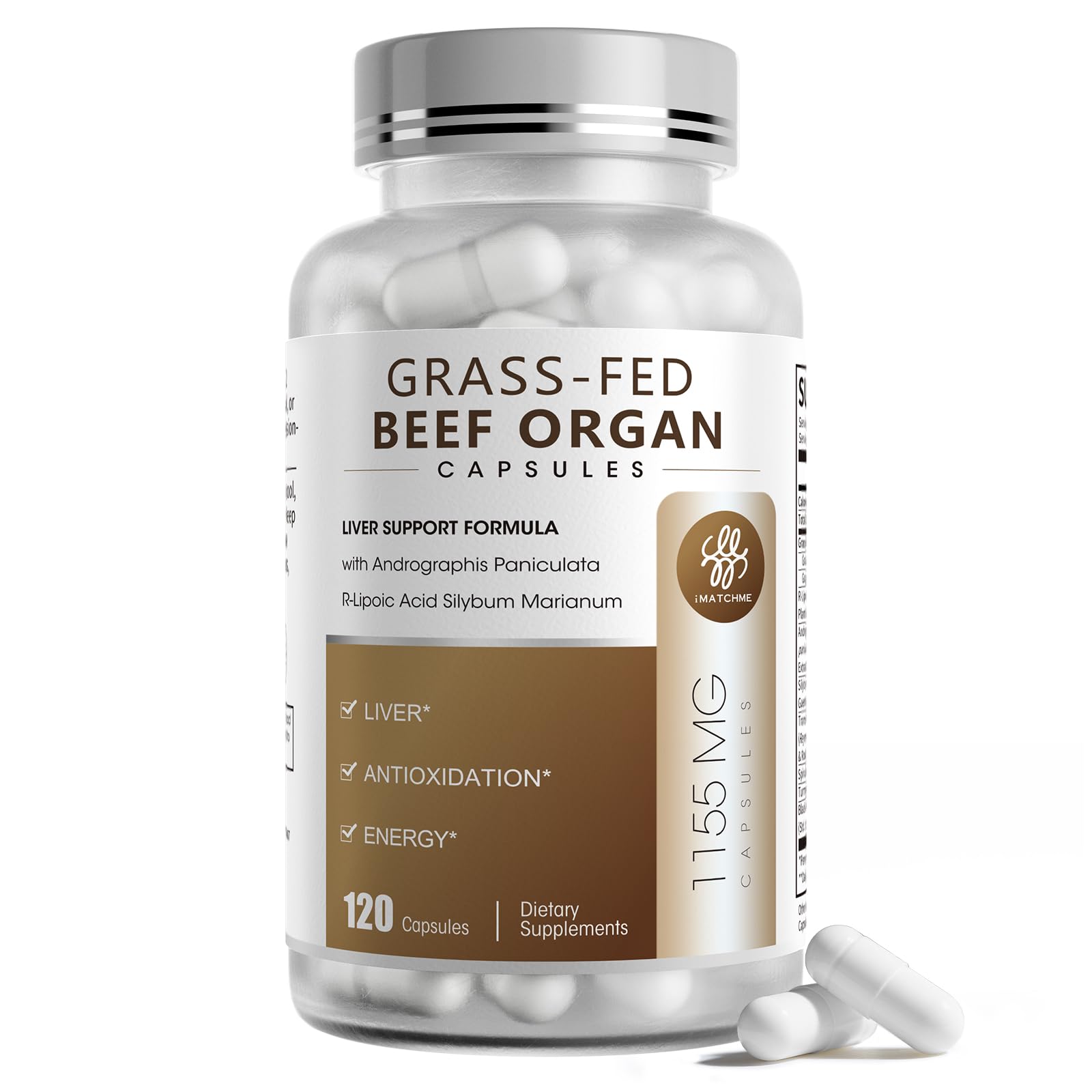 iMATCHME Grass Fed Beef Organ Supplement with Beef Liver & Adrenals, R-Lipoic Acid for Liver Detox, Antioxidant, Energy & Overall Health, Capsules, 120 Count