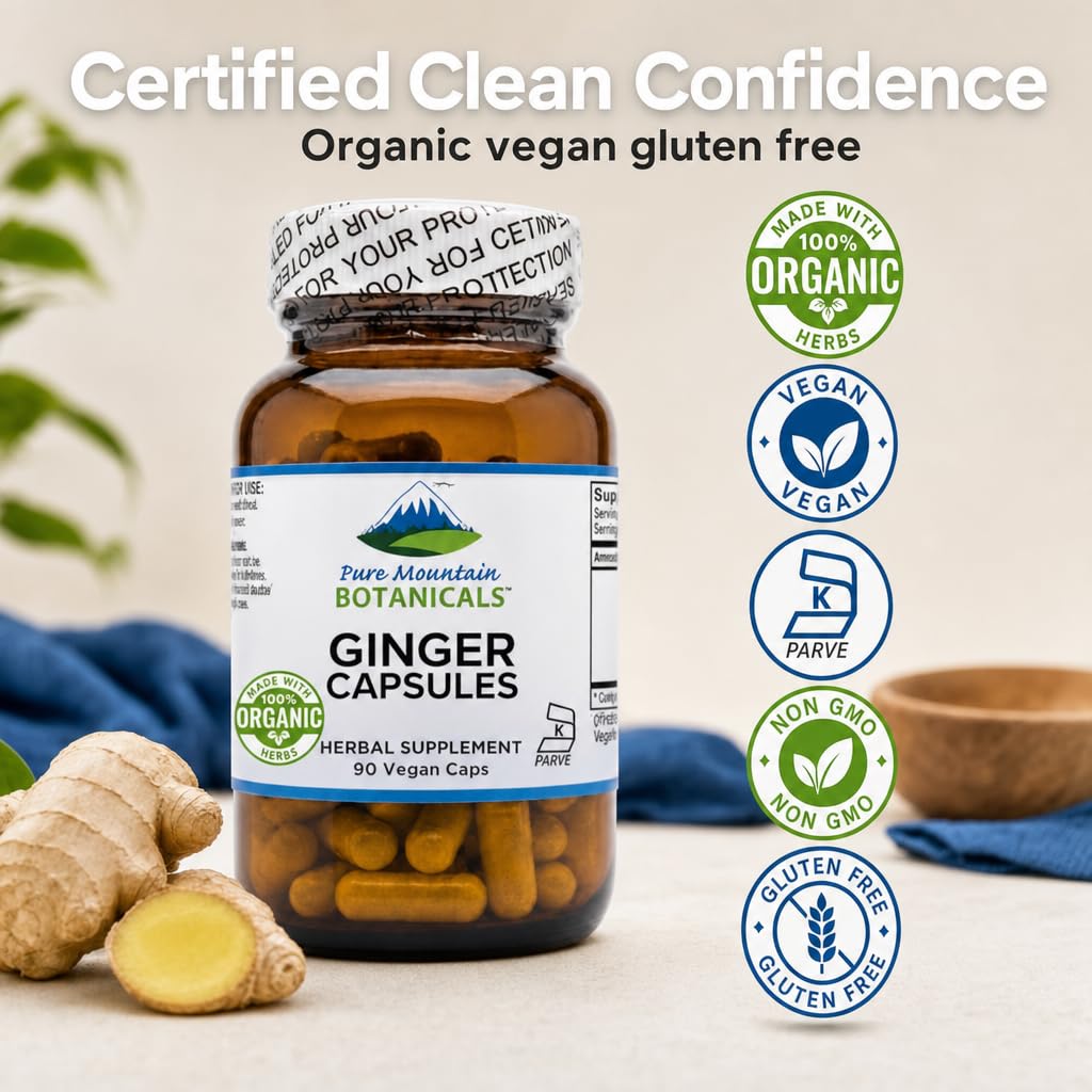 Pure Mountain Botanicals Ginger Capsules 1000mg Organic Ginger Root, 90 Capsules