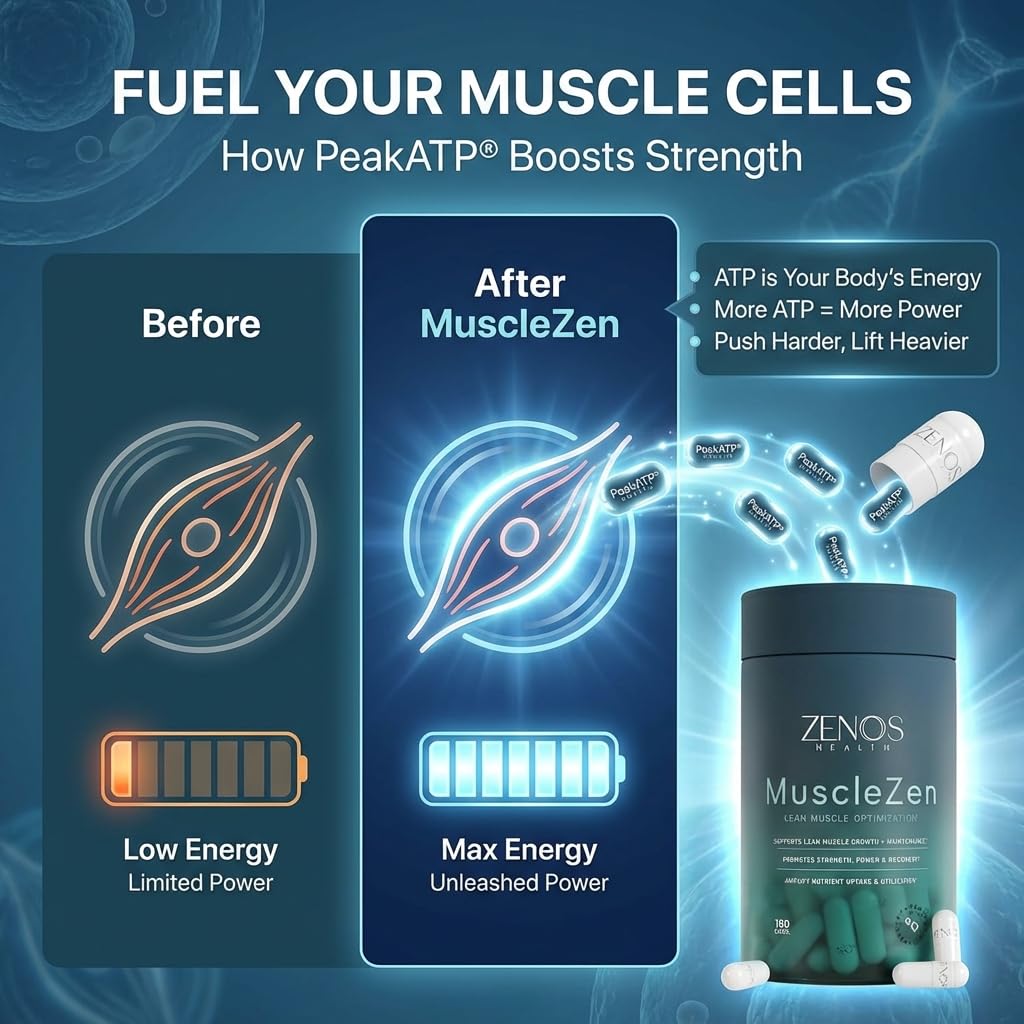 Zenos Health MuscleZen Muscle Builder for Men – ATP Supplements for Strength – Muscle Supplements for Super Recovery – Clear Muscle Support for Lean Muscle Growth Capsules, 180 Count
