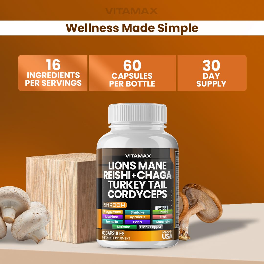 Vitamax Lions Mane Mushroom, Turkey Tail, Chaga & Reishi, Cordyceps Shiitake White Elm King Trumpet Nameko Oyster Porcini Focus & Energy Gummies, 60 Count