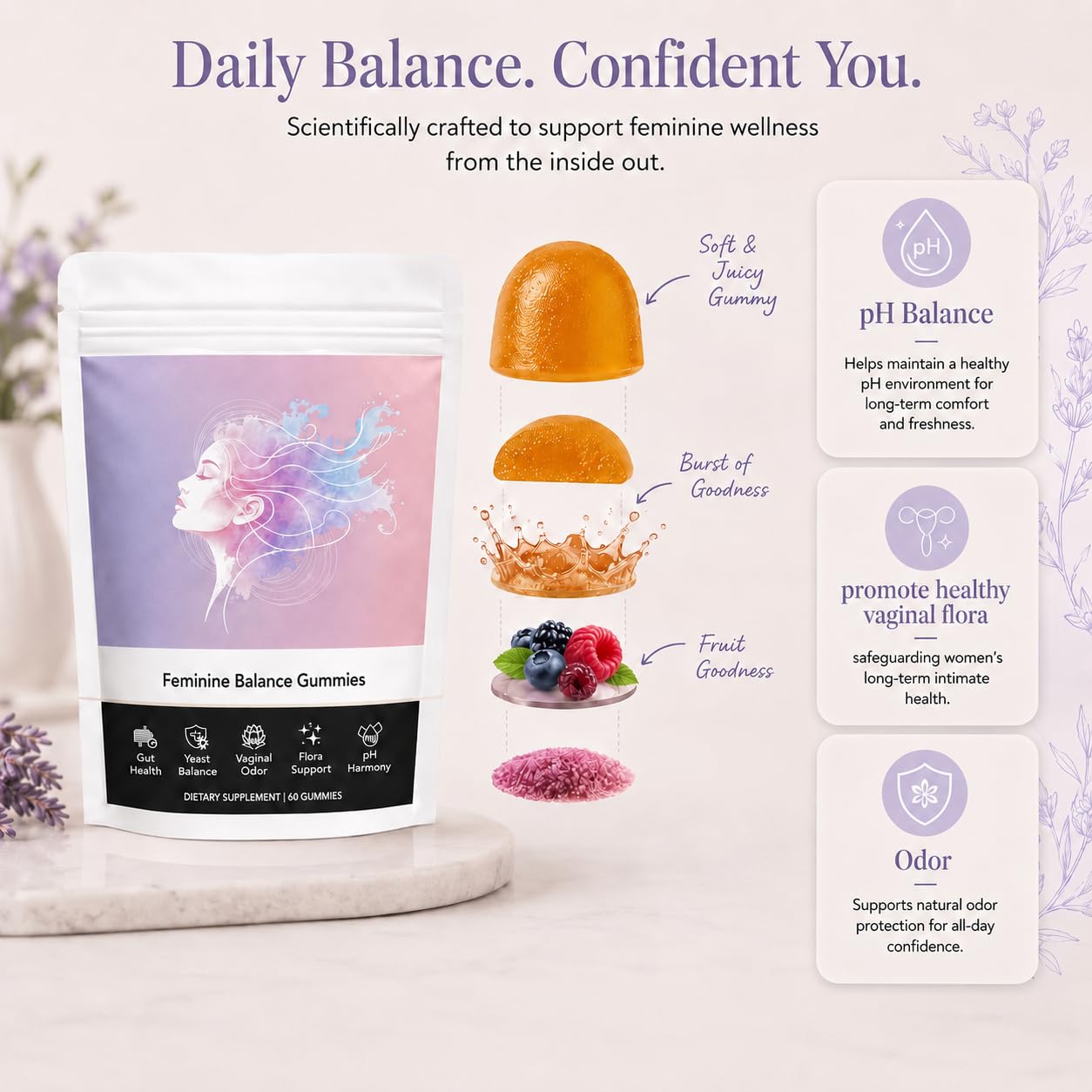 QYGCHUSIN Feminine Balance Gummies, 60 Count
