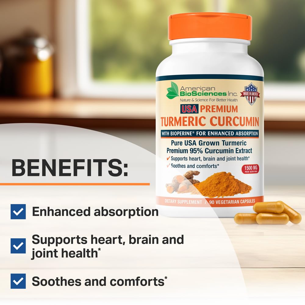 American BioSciences USA Premium Turmeric Curcumin with BioPerine 1500mg - 95% Standardized Curcuminoids & Black Pepper Extract for Enhanced Absorption - Natural Joint Support Capsules, 90
