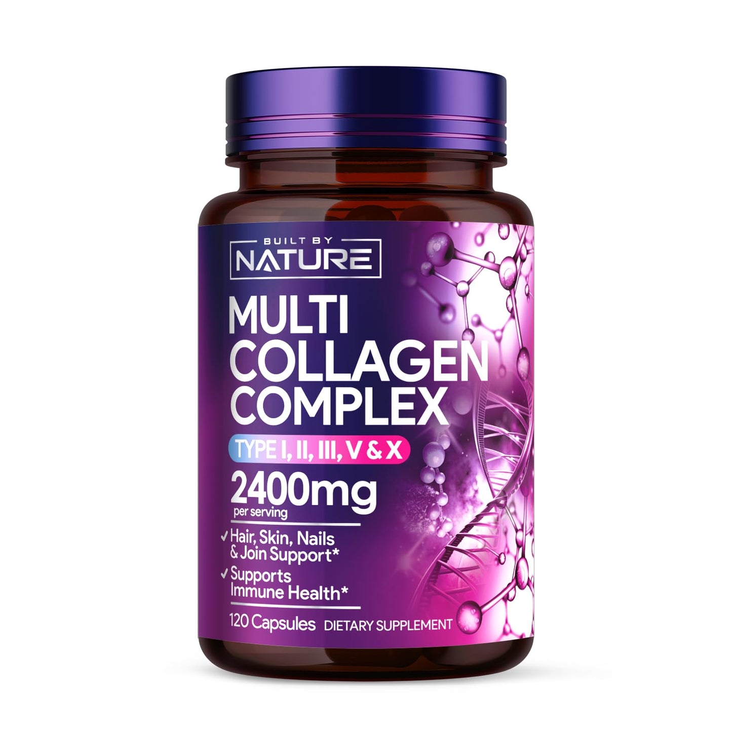 Built by Nature Multi Collagen Peptides Complex Supplement for Women Capsules, 120 Count