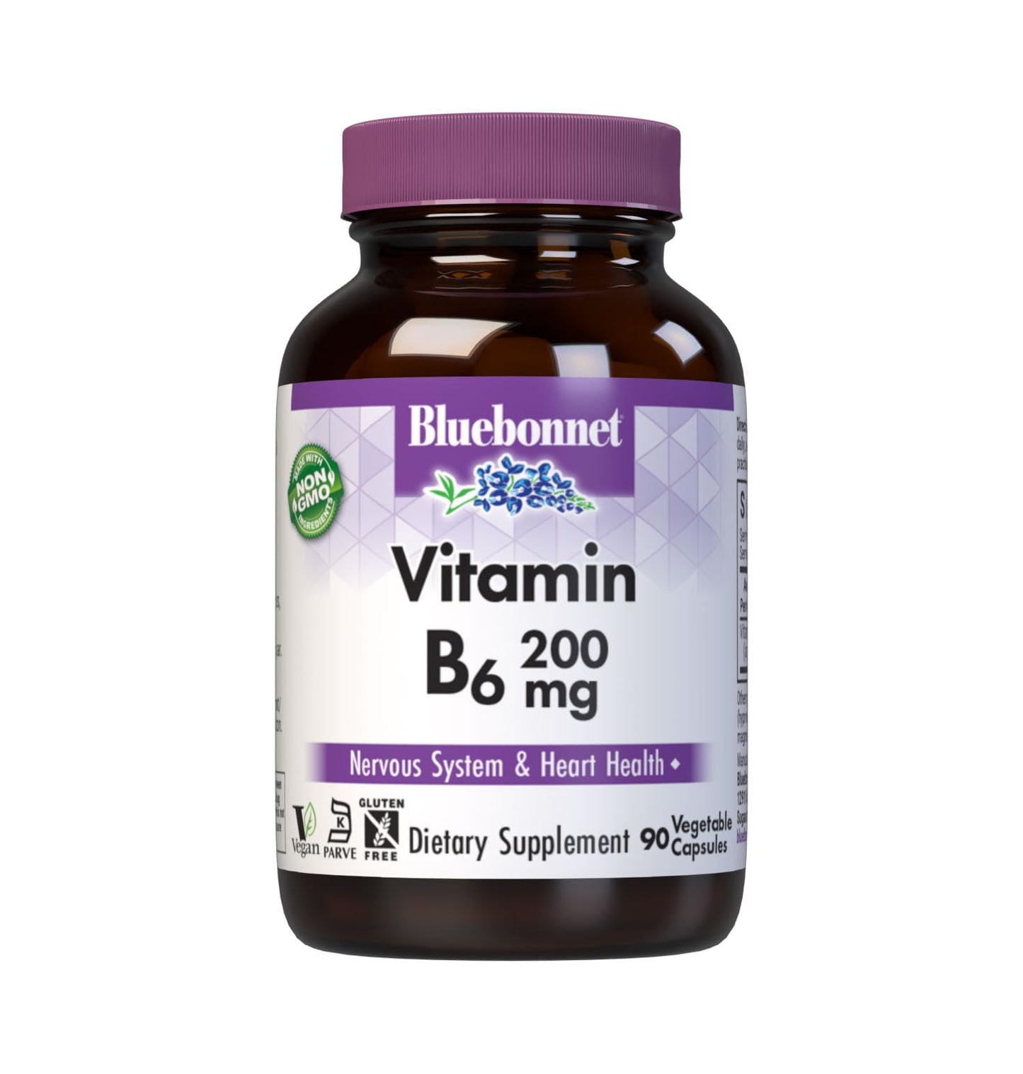 BlueBonnet Vitamin B6 Vegetable Capsules, 200 mg, 90 Capsules