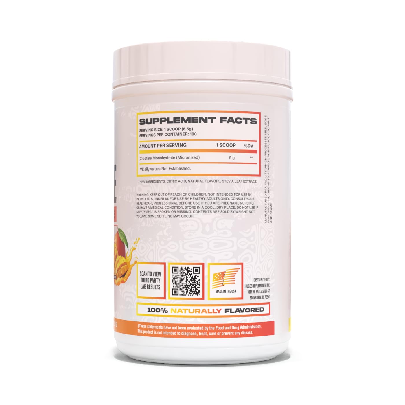 Huge Supplements Creatine Monohydrate Powder - Mango Flavor, 100 Servings