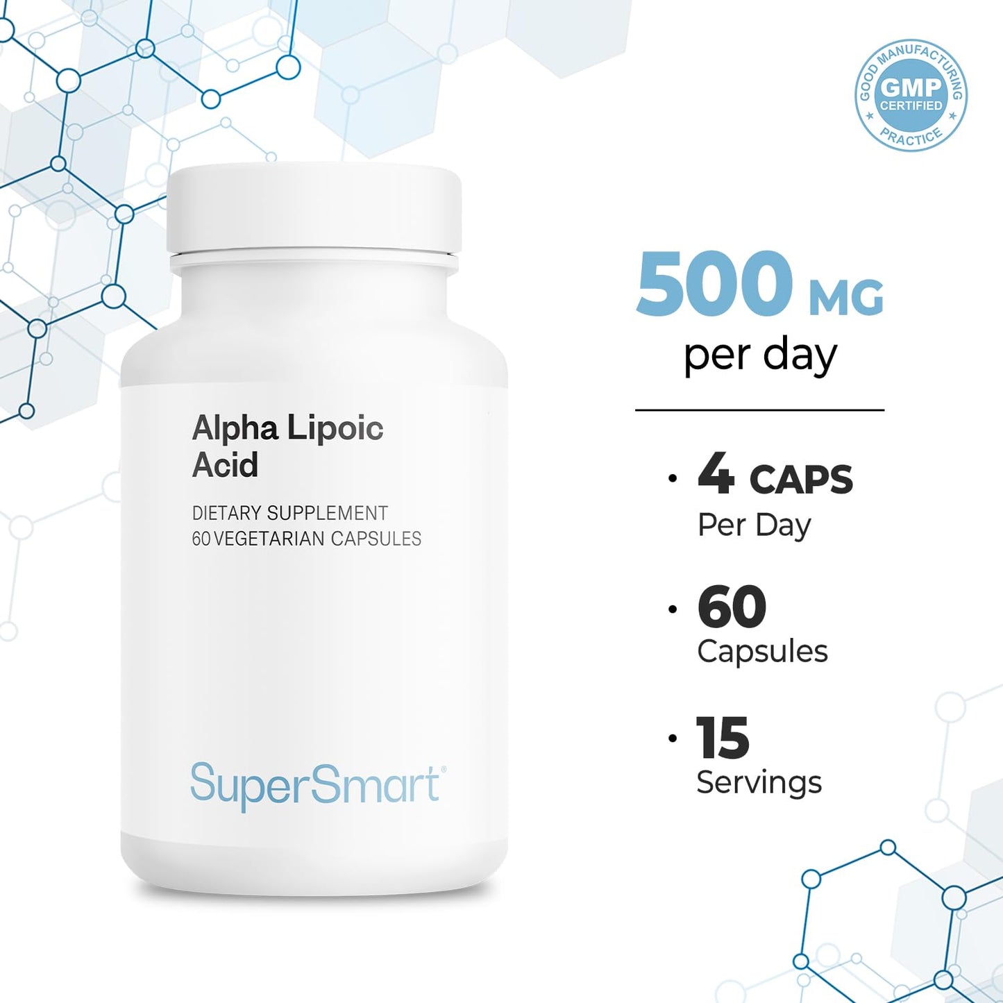 Supersmart Alpha Lipoic Acid 500mg per Day - High Potency Universal Antioxidant - ALA Supplement Capsules, 60 Count