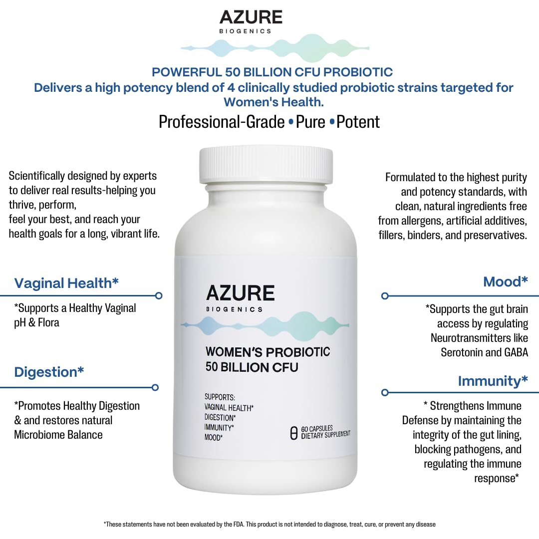 Azure Biogenics Probiotics for Women 50 Billion CFU, 5 Lactobacillus Strains, Digestion, Vaginal, Immune & Mood Health Support*, Non-GMO, Gluten-Free, 60 Capsules
