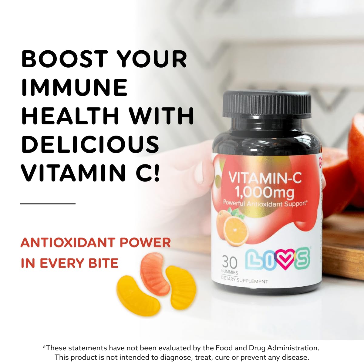 LIVS Vitamin C 1000mg Gummies for Kids & Adults, 30 Count