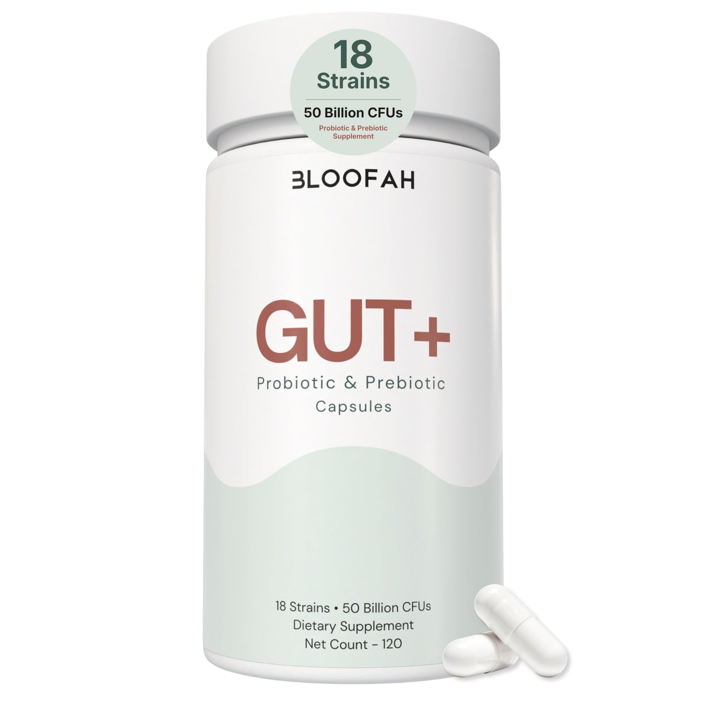 Bloofah Gut+ Probiotic & Prebiotic Capsules for Women, 50 Billion CFU, 18-Strain Formula with Cranberry Extract, Daily Gut & Digestive Support, 120 Capsules